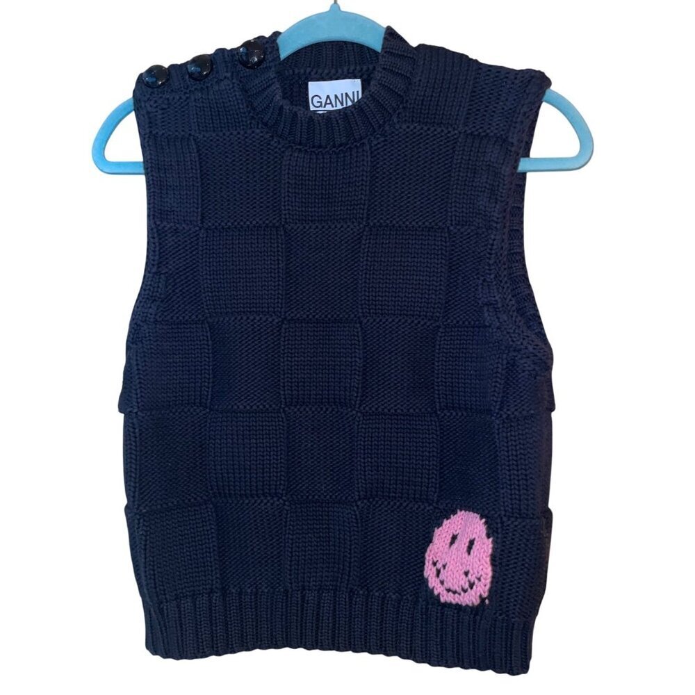 Ganni Womens Sweater Vest Size Medium Black Knit Smiley Face Checkered